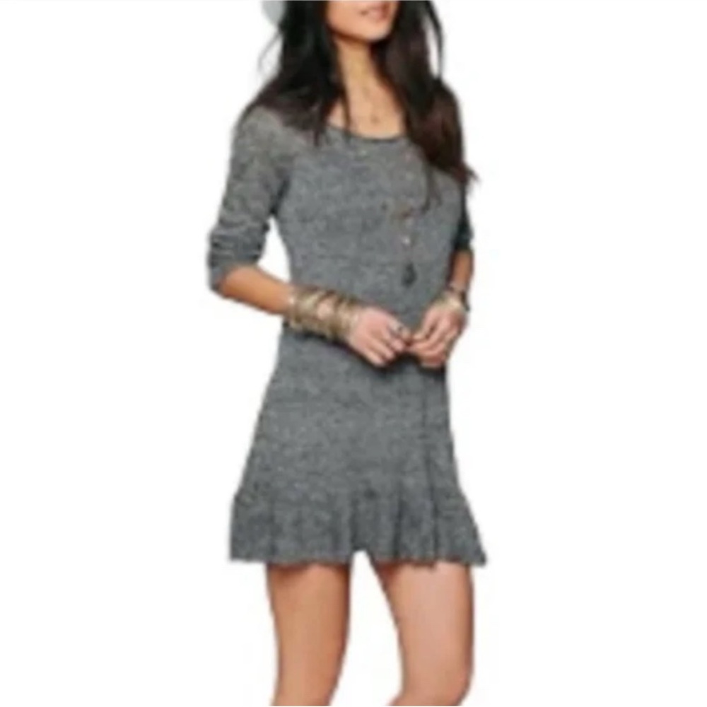 Free People Ruffle Your Hem Linen Knit Tunic Top Mini Dress Long Sleeve XS